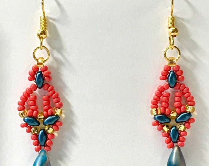 Beaded Earrings in Coral-Blues-Gold