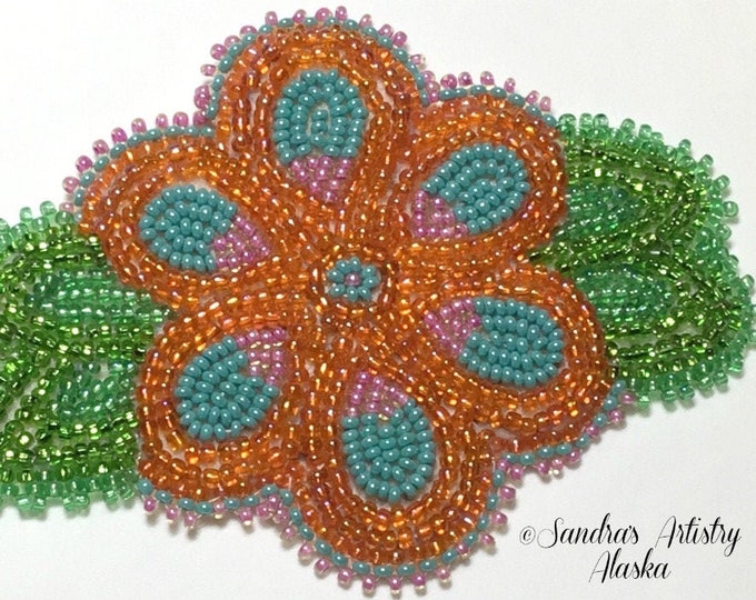 Alaska Handmade Beaded Flower-3x4" in Czech Glass Beads-Sparkling Orange