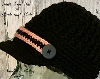 News Boy Hat WOMEN in Black-Dusty Rose Highlights (2 sizes)