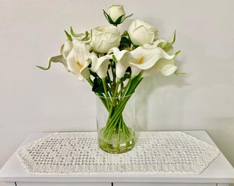 A handcrafted and designed white cotton vintage-style fillet crochet centerpiece-20”Lx7”W