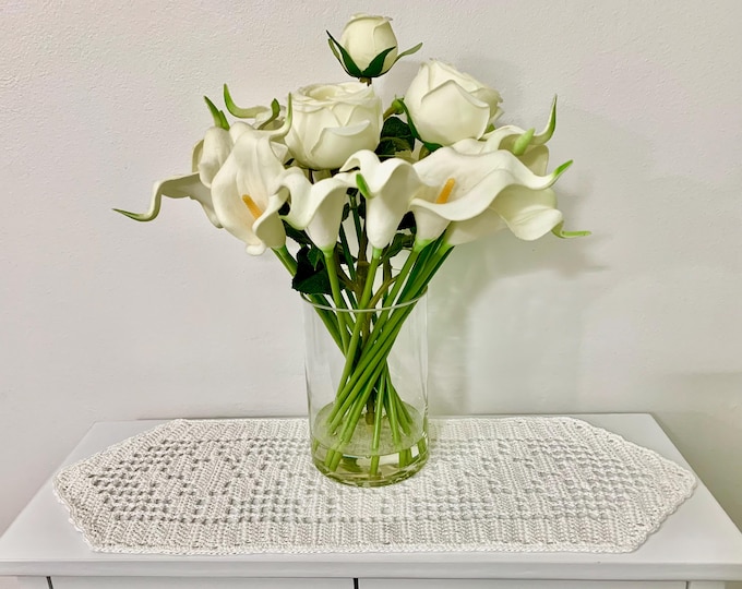 A handcrafted and designed white cotton vintage-style fillet crochet centerpiece-20”Lx7”W