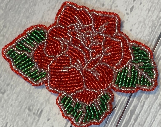 Alaska Handmade Beaded Red Rose Appliqué-3-1/2x3-3/4" in Czech Glass Beads (Red-Silver)