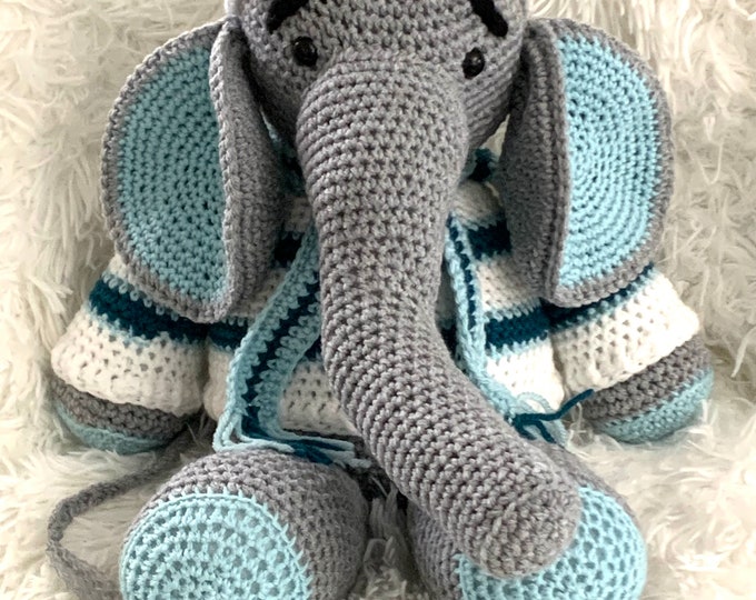 Earl the Elephant 17” Tall (has a sweater, scarf, hat and tail)-Stuffed Crocheted Animal