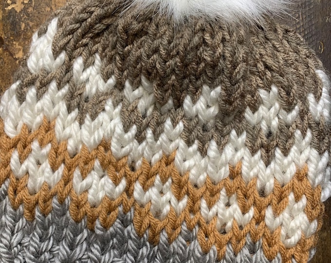 Chunky Fair Isle Alaskan Beanie/Hat in Gray-Rust-Cream-Taupe—Unisex M-Adult