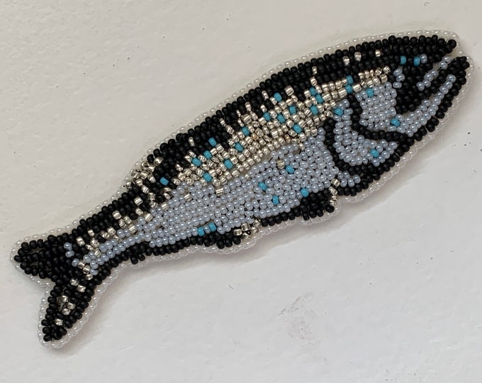 Right-Facing Alaska Handmade Beaded Coho Regalia Applique-5x1-1/2” in Czech Glass Beads