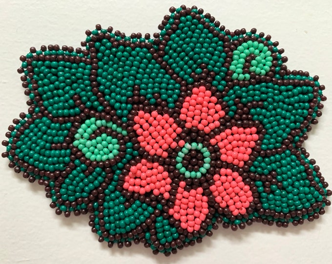 Alaska Handmade Beaded Floral Applique-4x3” in Czech Glass Beads (Coral, Teal, Chocolate)