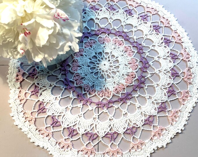 White-Purple-Pink Cotton Handmade Doily (15” DIA)