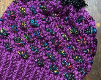 Winter Purple-Rainbow Lotus Flower Beanie/Hat—Knit (Adult M)