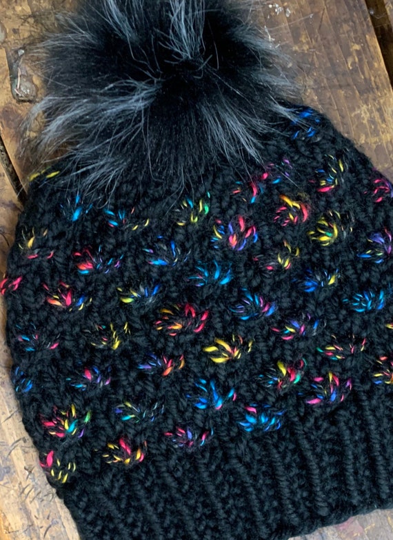 907 Knits Pom Pom Beanie Hat Black Multicolor Rainbow Fresh Tracks Lotus Flower Winter Black-rainbow Lotus Flower Beanie/hat—knit (adult M  main image 4