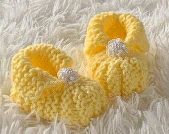 Knit Yellow Baby Slippers with White Flowers (Unisex: 5 Infant Sizes)