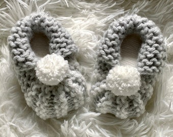 Knit Baby/Infant Booties/Slippers in Gray and White (Unisex: 5 Infant Sizes)