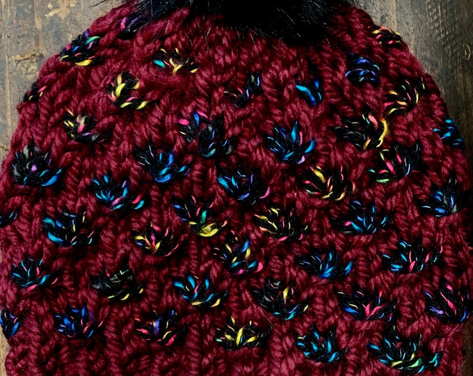 Winter Burgundy-Rainbow Lotus Flower Beanie/Hat—Knit (Adult M)