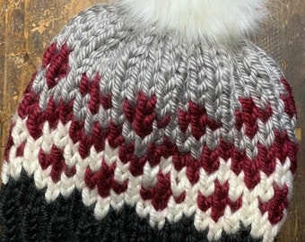 Chunky Fair Isle Alaskan Beanie/Hat in Black-Cream-Burgundy-Gray—Unisex M-Adult