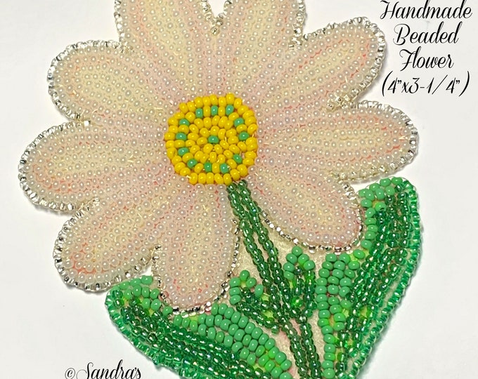 Alaska Handmade Beaded Flower Applique-4"x3-1/4" in Czech Glass Beads (White Pink Yellow Green)