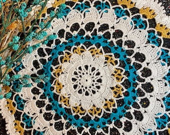 Gold-Teal-White Modern Cotton Handmade Doily (15” DIA)