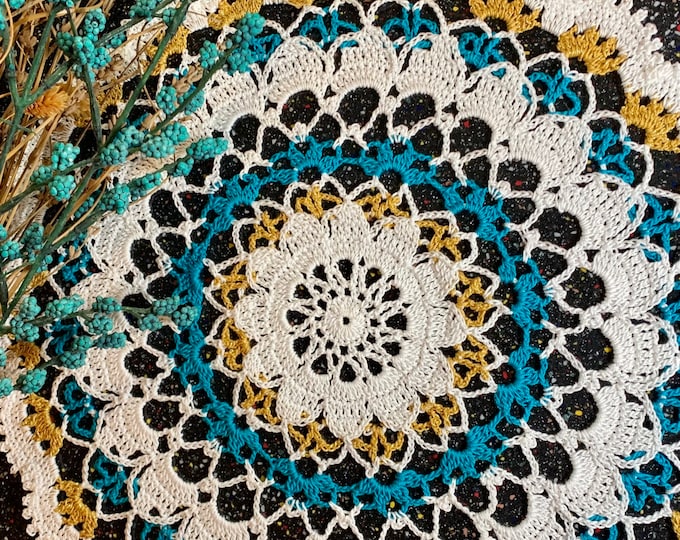 Gold-Teal-White Modern Cotton Handmade Doily (15” DIA)