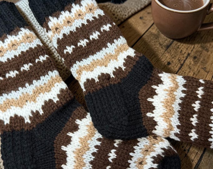 Knit Bernie Slipper/Boot Socks neutral color work and grafted toe (no knots)-extra warm, Adult Unisex M: size 6-7 for W or size S for M