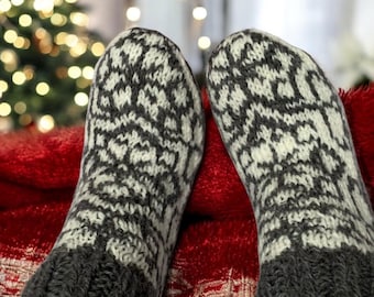 100% Wool Knit Nordic Slipper Socks-(Grafted Toe) in Charcoal and Natural-3 Adult Unisex Sizes