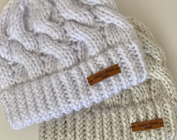 Chunky Fav Cabled Hat (in White or Beige) with rolled brim