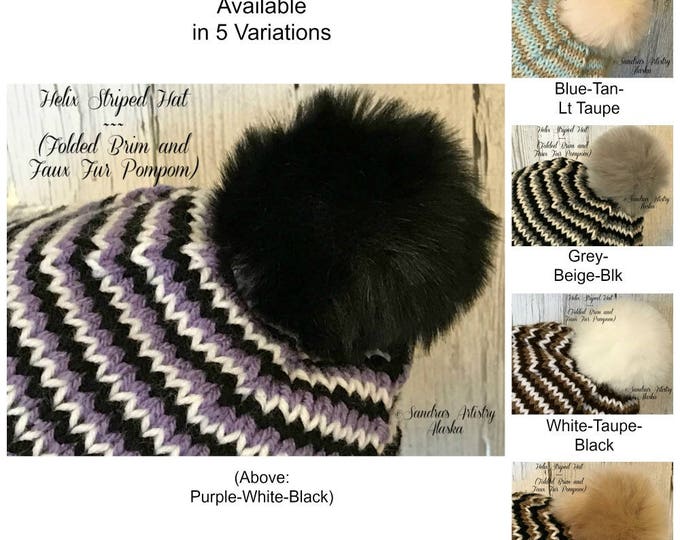 Helix Striped Hat Knit (Folded Brim and Faux Fur Pompom)-5 Variations