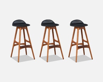 Danish Modern Teak & Black Leather Bar Stools by Erik Buch