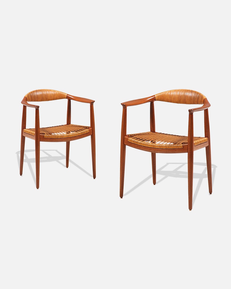 Pair Of Hans J Wegner Round Caned Arm Chairs For Johannes Etsy