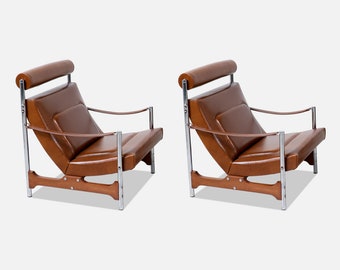 Mid-Century French Modern Sculpted Walnut & Leather Lounge Chairs by Steiner