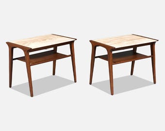John Van Koert “Profile” Travertine Top Side Tables for Drexel