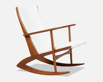 Georg Jensen Sculpted Teak & Boucle Wool Rocking Chair for Kubus Møbler