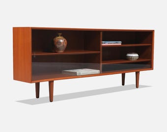 Danish Modern Low-Profile Teak Bookcase w/ Glass Doors
