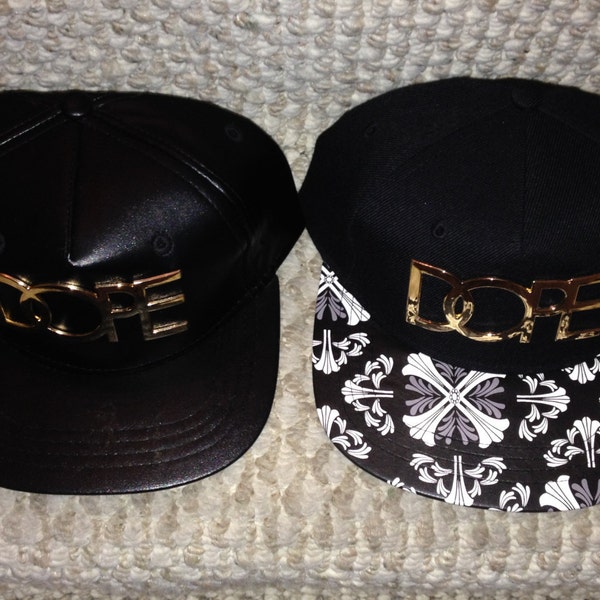 Two Dope Snapback Hats, Custom Brim, Leather Black, Gold, & White.  Unisex Caps.