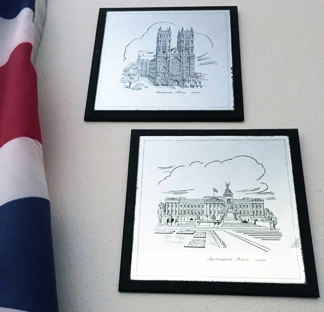 Vintage British Wall Decor, Pair of Westminster Abbey and Buckingham