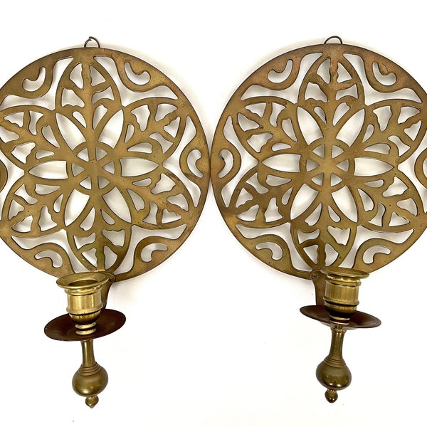 Vintage Brass Flower Medallion Sconces