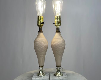 Vintage Midcentury Glam Blush Pink Faceted Glass Table Lamps, Pair