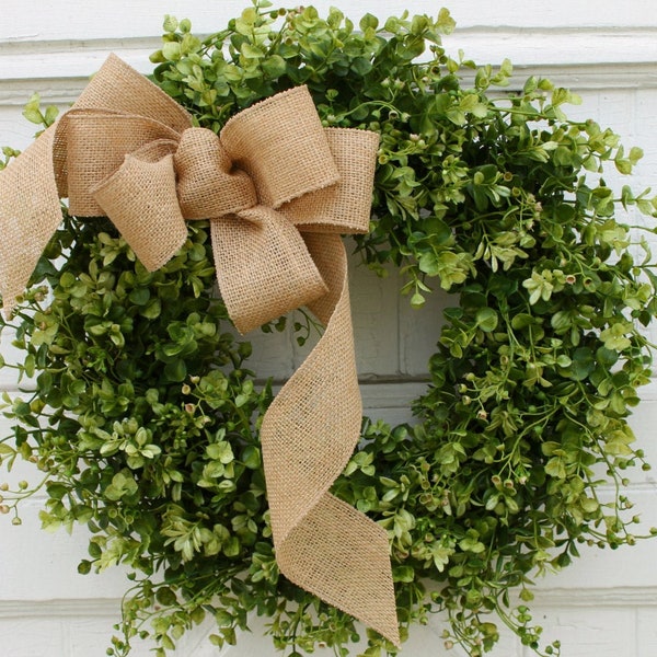 Boxwood Wreath with Burlap Bow, Farmhouse Wreath, Green Wreath for Front Door, Outdoor Wreath, Year Round Wreath, All Season Everyday Wreath