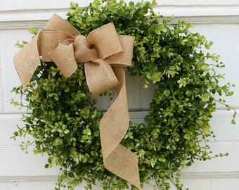 Boxwood Wreath with Burlap Bow, Farmhouse Wreath, Green Wreath for Front Door, Outdoor Wreath, Year Round Wreath, All Season Everyday Wreath