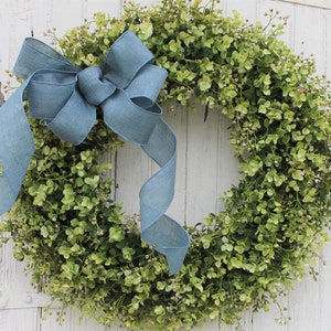 Summer Boxwood Wreath with Blue Chambray Bow, Year Round Indoor Outdoor Greenery Wreath, Farmhouse Wreath for Front Door, Mother's Day Gift