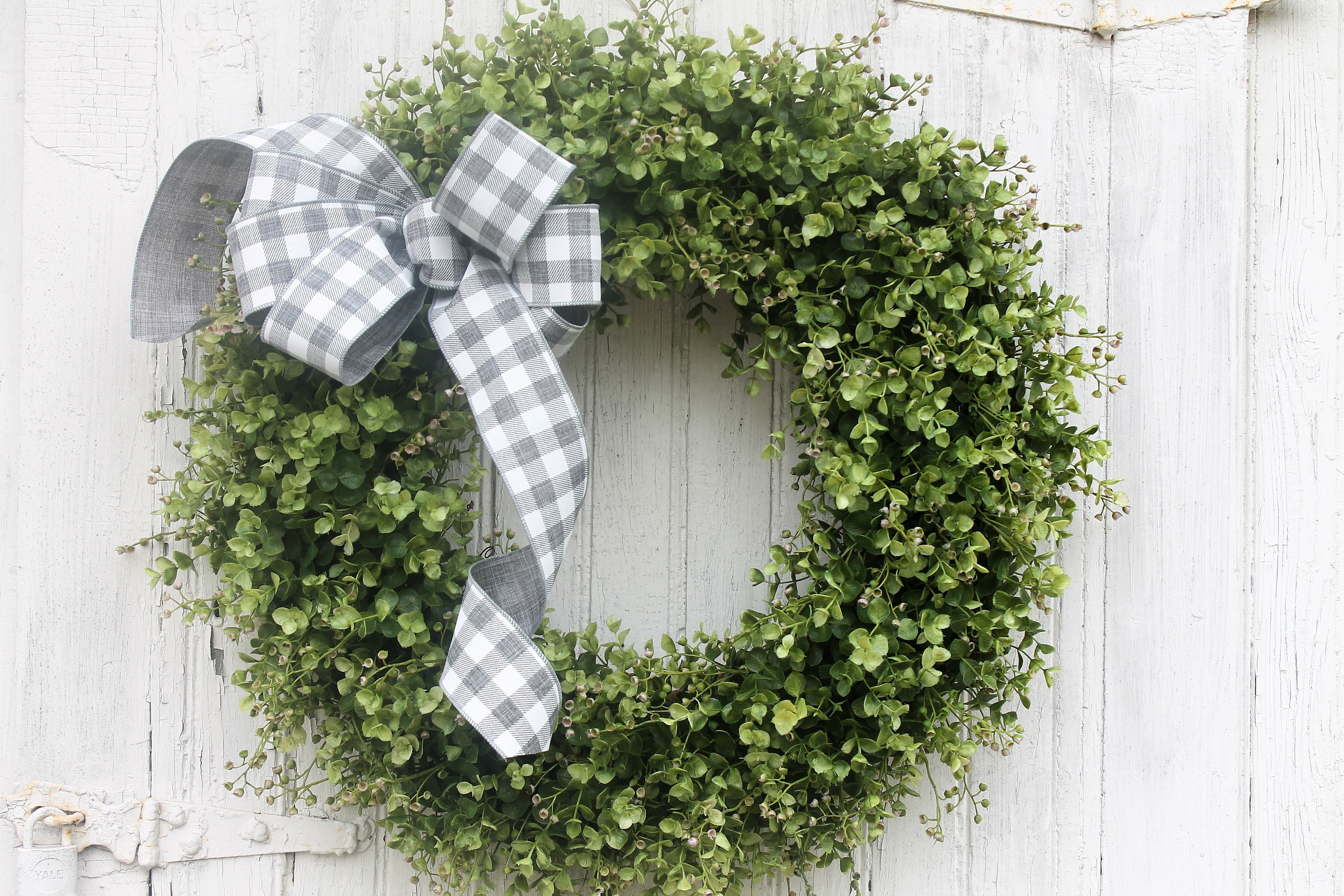 Greenery Sphere Door Hanger Boxwood Topiary Door Swag Topiary Balls Greenery  Balls Swag Greenery Buffalo Check Black and White 