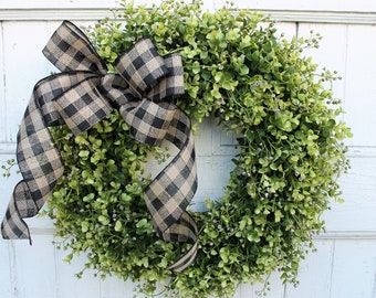 Boxwood Wreath with Black and Tan Checked Bow, Indoor Outdoor Wreath, Farmhouse Year Round All Season Wreath, Front Door Greenery Wreath