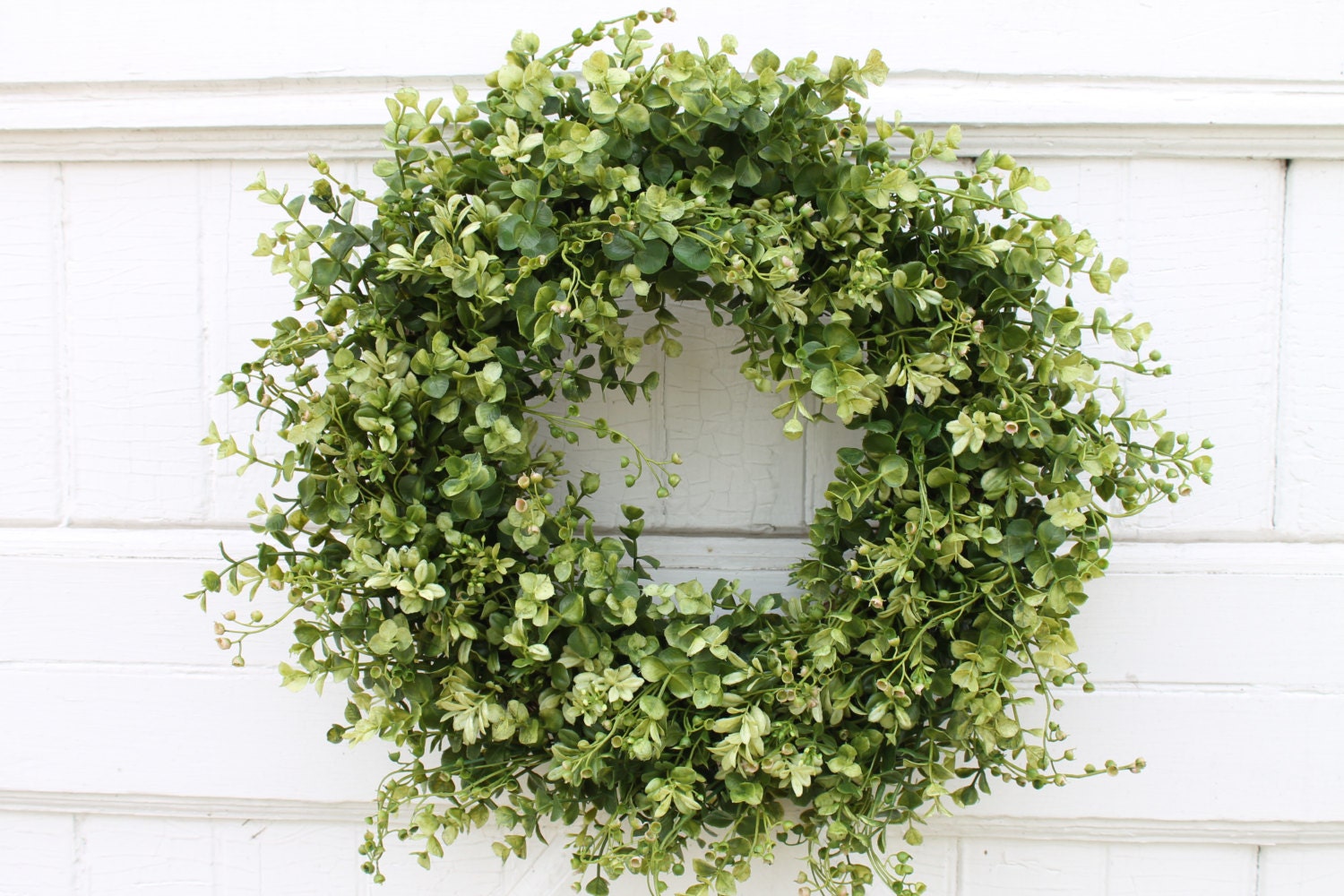 Efavormart 2 Pack | 21 inch Green Artificial Lifelike Boxwood Leaves Spring Wreath for Front Door Decor Boxwood Wreath with Big Berries, Farmhouse
