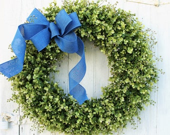 Summer Boxwood Wreath with Blue Bow, Farmhouse Blue Wreath, Indoor Outdoor All Season Year Round Wreath, Housewarming Gift, Gift for Home