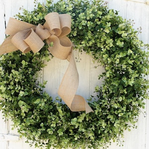 Boxwood Wreath with Burlap Bow, Rustic Farmhouse Decor, Green Wreath for Front Door, Year Round Outdoor Wreath, All Season Everyday Wreath