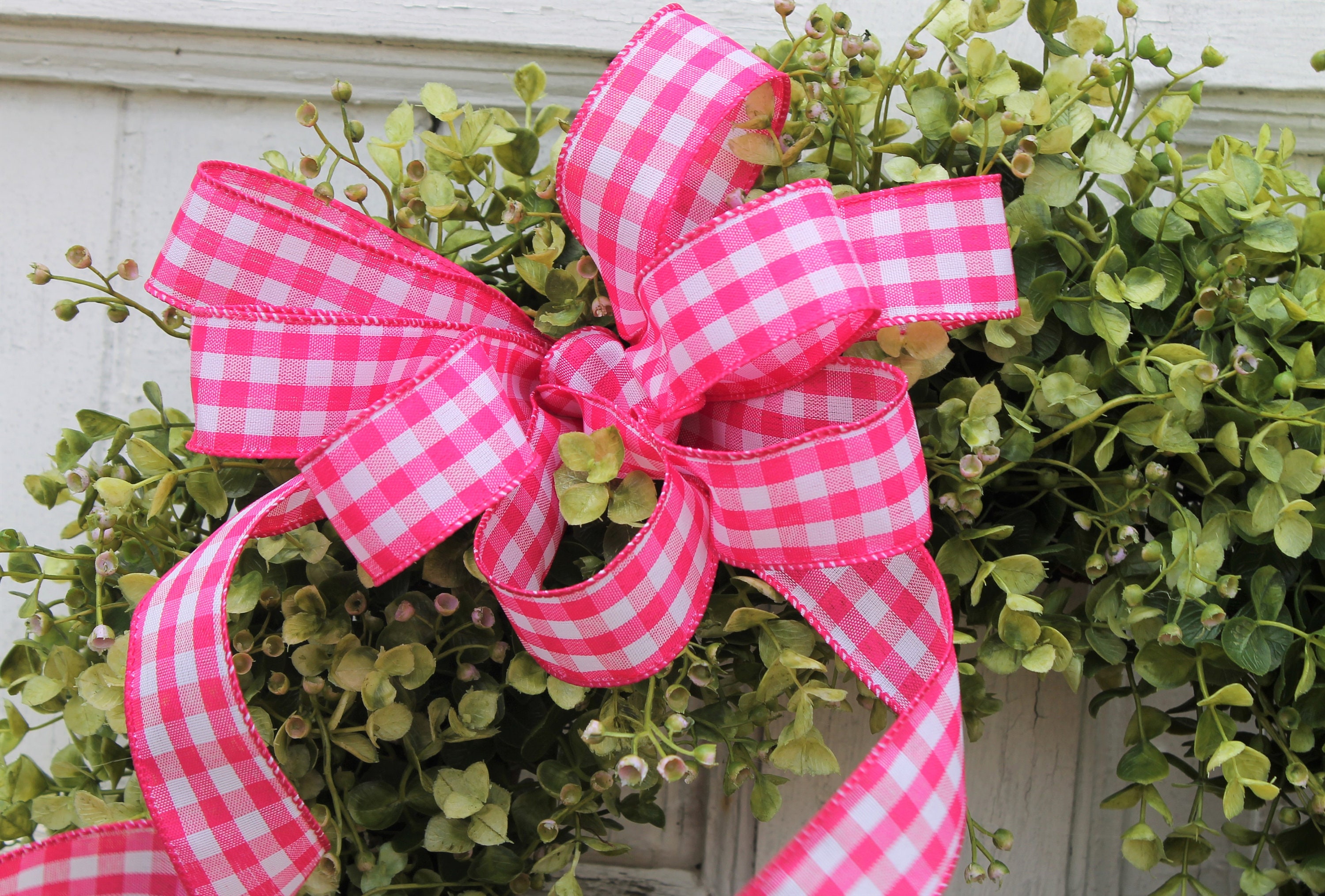 Front Door Faux Boxwood Wreath With Pink Checked Bow Spring Etsy