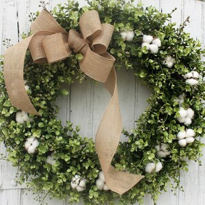 Cotton and Boxwood Wreath with Burlap Bow Farmhouse Decor image 1