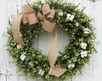 Cotton and Boxwood Wreath with Burlap Bow, Everyday Farmhouse Wreath, Cotton 2nd Anniversary Gift, Housewarming Gift, Cotton Wedding Decor