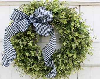 Farmhouse Boxwood Wreath with Black and White Checked Bow, Classic Indoor Outdoor Front Door Wreath, Year Round All Season Everyday Wreath