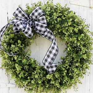 Year round door wreath, Black buffalo check wreath, Large everyday greenery  wreath