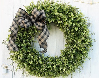 Farmhouse Boxwood Front Door Wreath with Black and Tan Checked Bow, All Year Round Indoor Outdoor Wreath, Greenery Wreath, Gift for Home