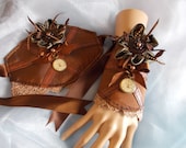 Cuff Bracelets, Fabric Cuffs, Pair, Steampunk Bracelets, Cosplay, Costume, Flowers, Lacy, Beaded, Brown