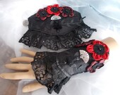 Gothic Cuff Bracelets, Fabric Cuffs, Gothic, Steampunk, Cosplay, Costume, Pair, Black, Lacy, Flowers, Fan